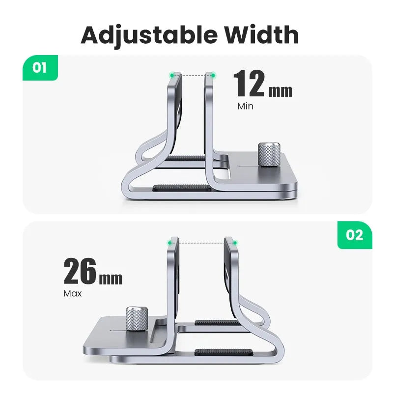 Silver aluminium alloy laptop cooling bracket with width adjustment slots for vertical notebook stands