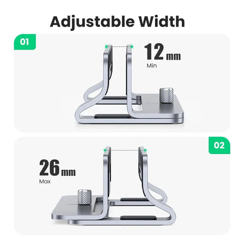 Silver aluminium alloy laptop cooling bracket with width adjustment slots for vertical notebook stands