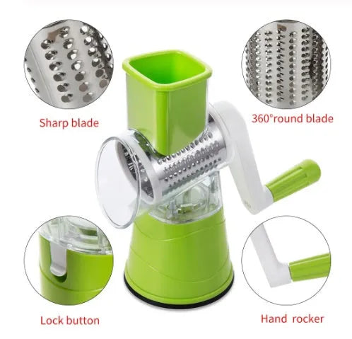 Rotary hand drum grater with stainless steel blades for julienning carrots and potatoes, available in blue, green, or red.