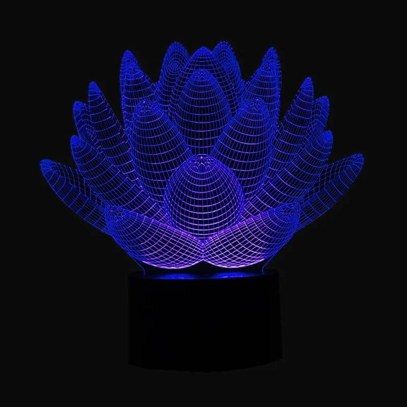 Lotus-shaped night light with acrylic shade and touch controls showing seven colour options