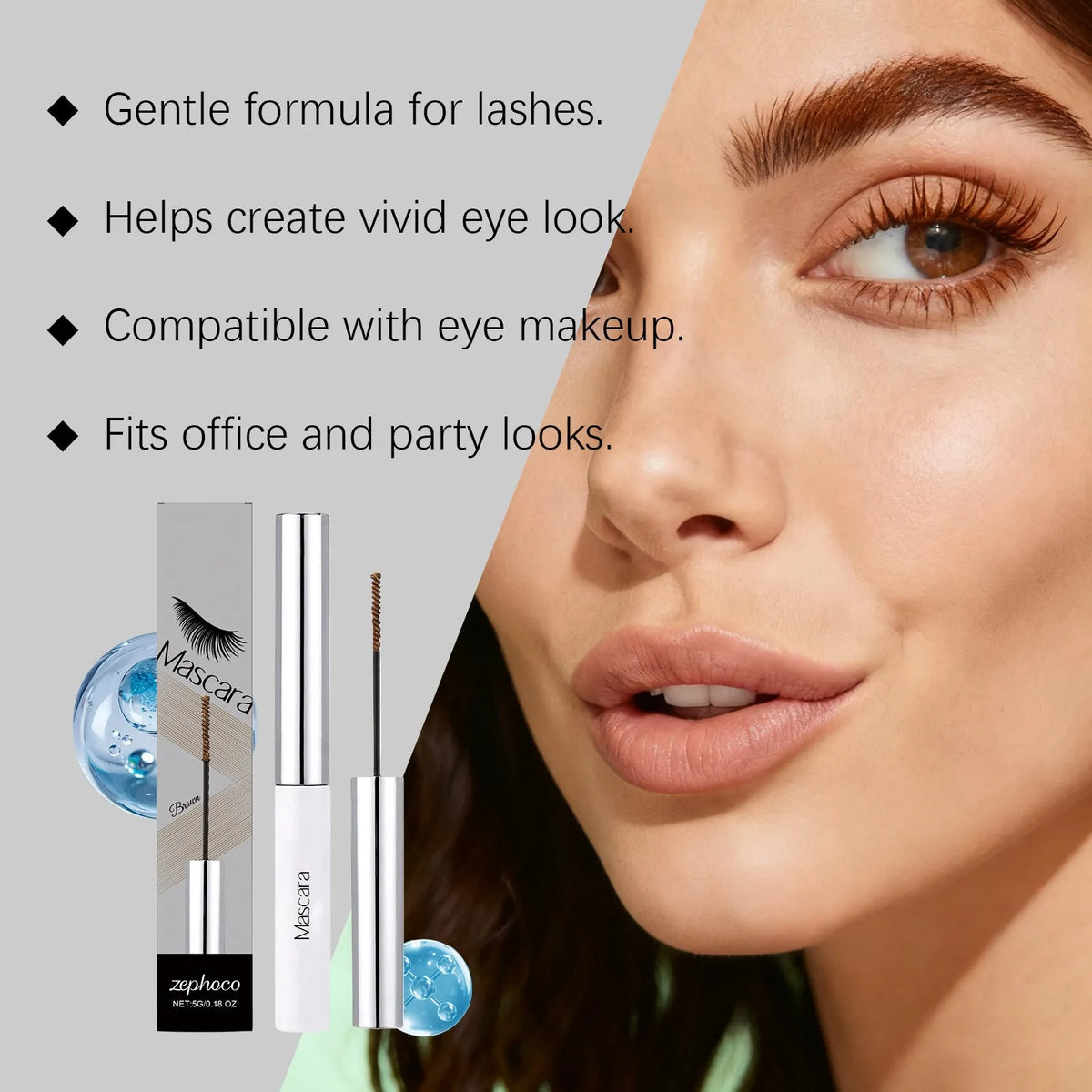 Lightweight smudge-proof mascara 5g tube with beeswax and vitamin E, 12.7cm compact size.