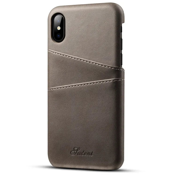 Slim black PU leather wallet phone case showing two card slots and phone model cutouts
