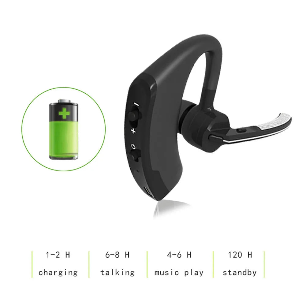 V9 Jerry Bluetooth wireless headset with microphone, showing ergonomic ear design and compact cable