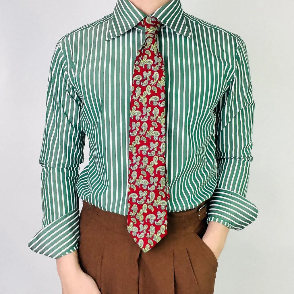 Men's green striped long sleeve shirt, cotton blend, regular fit, non-ironing, cardigan style
