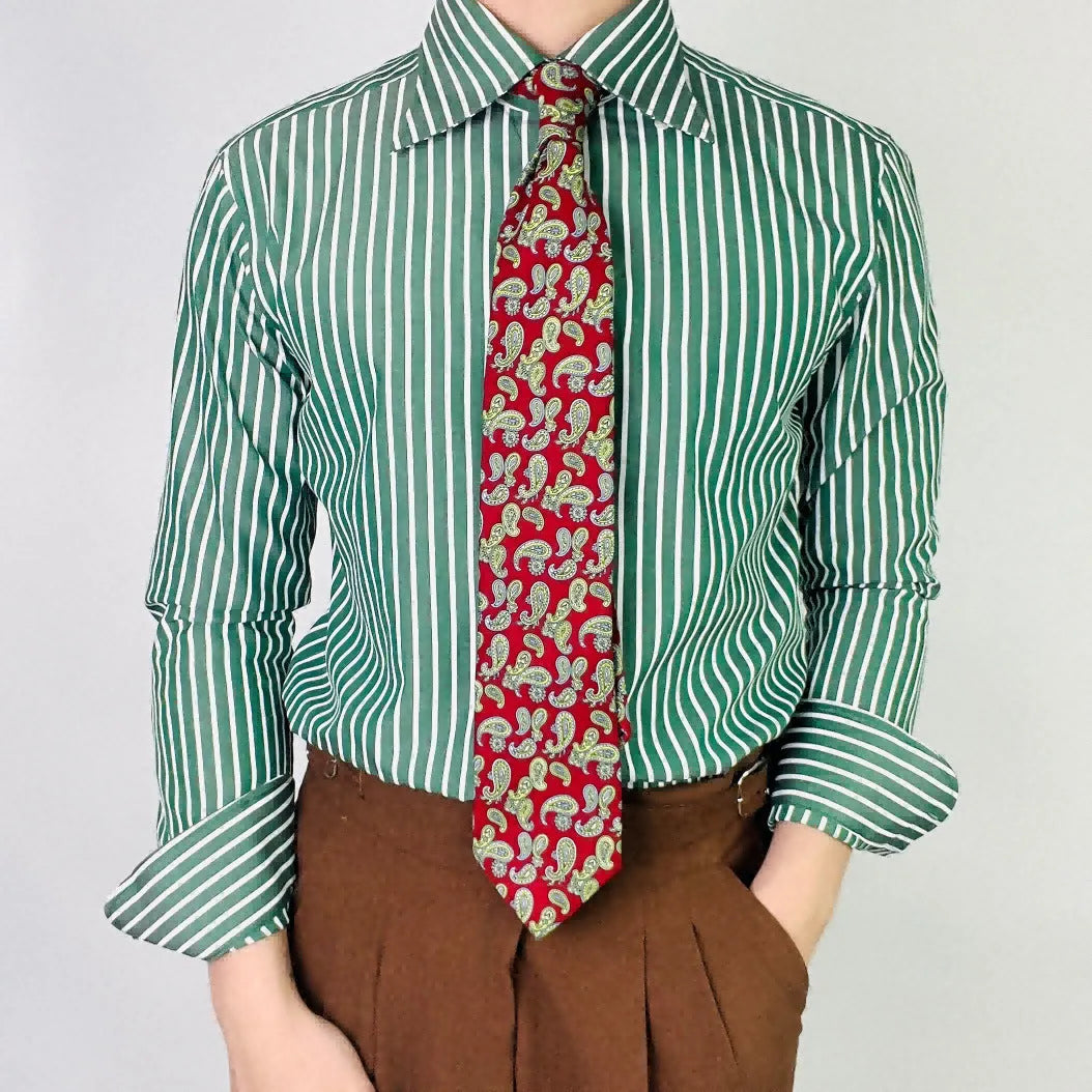 Men's green striped long sleeve shirt, cotton blend, regular fit, non-ironing, cardigan style