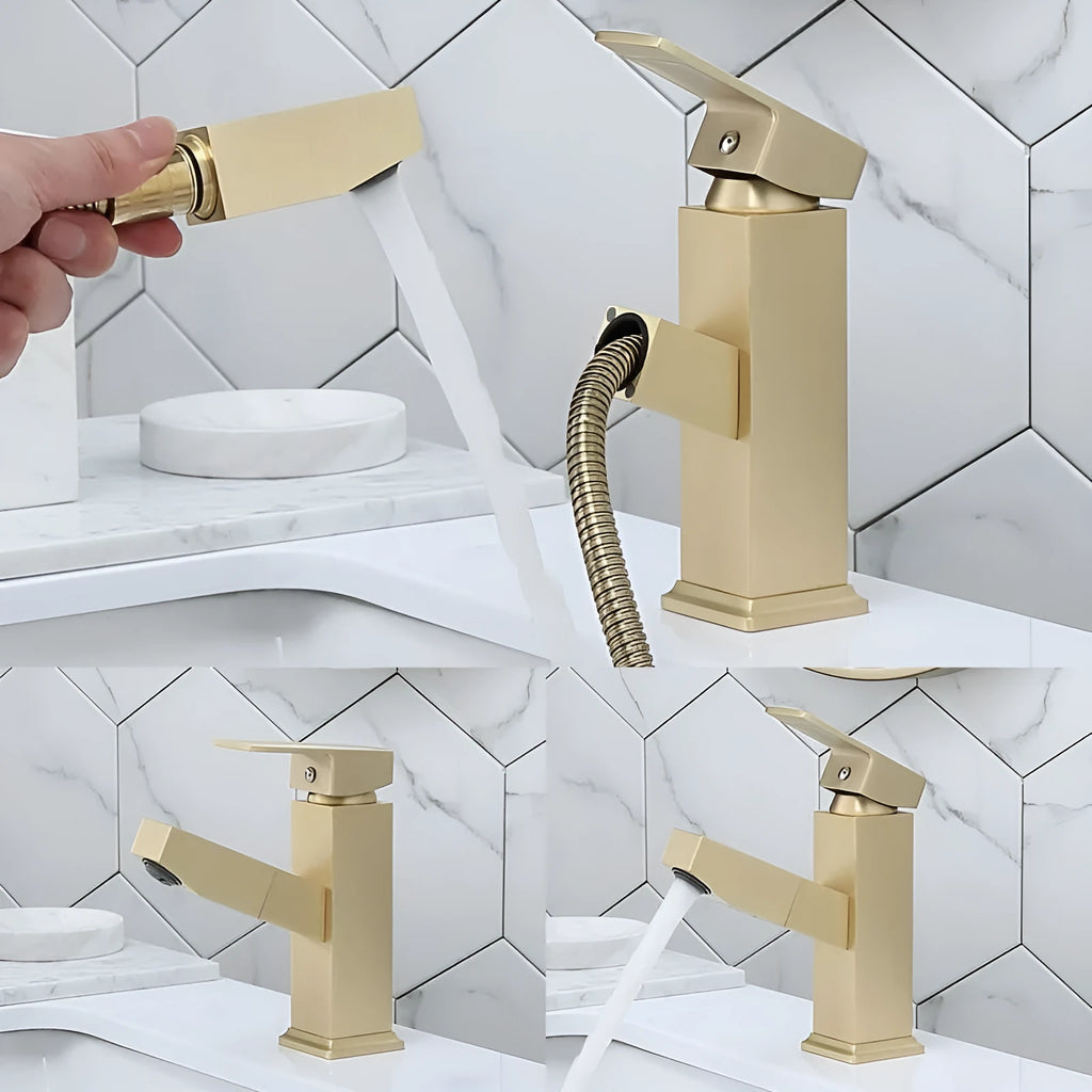 Brass square pull faucet with brushed gold electroplated finish and high low spout options