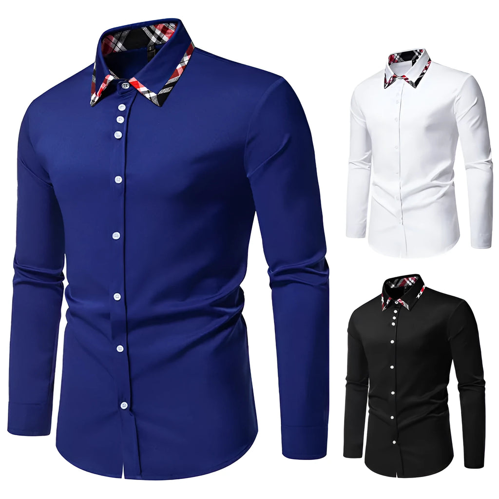 Men's black plaid shirt with a triangle collar and long sleeves in a cardigan style.
