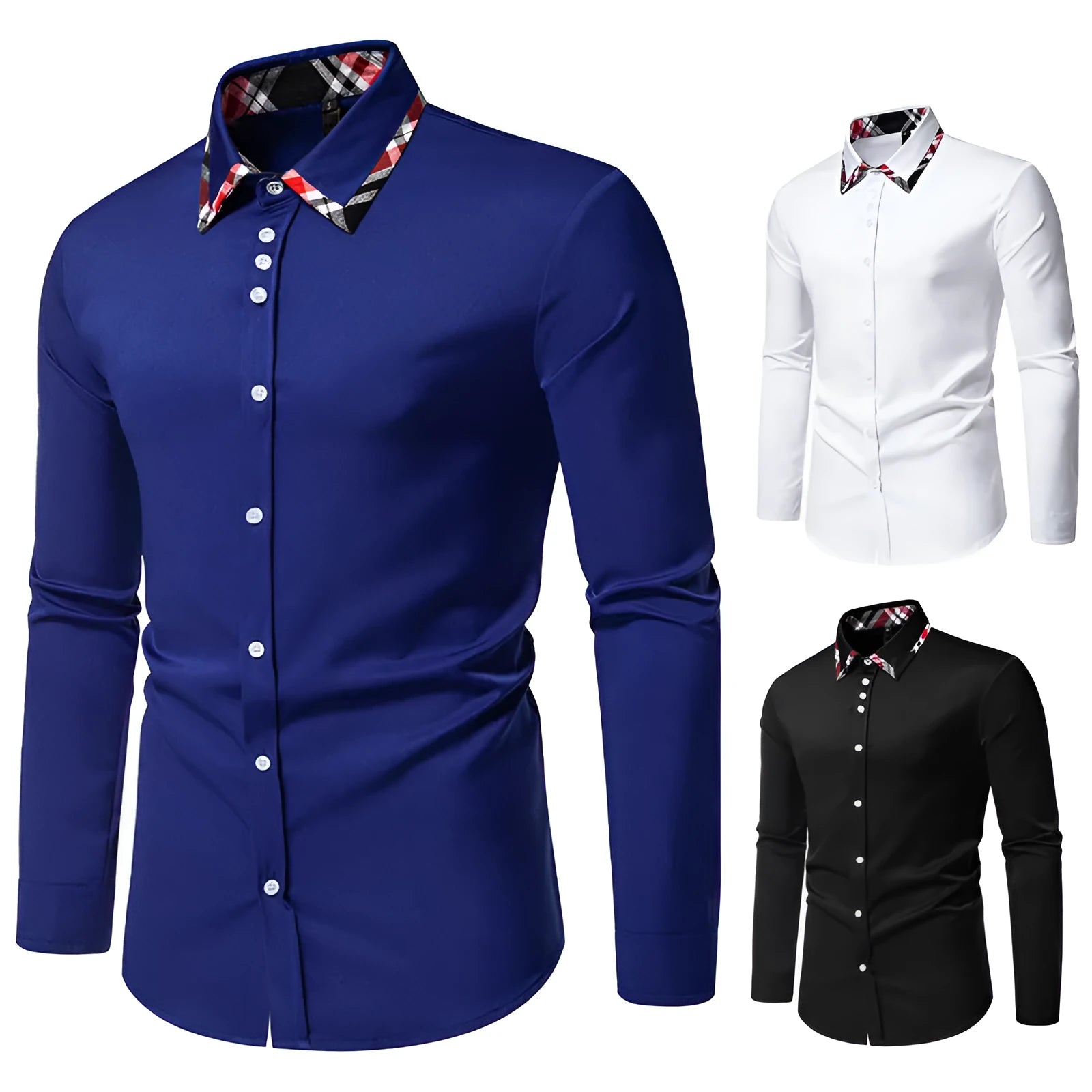 Men's black plaid shirt with a triangle collar and long sleeves in a cardigan style.