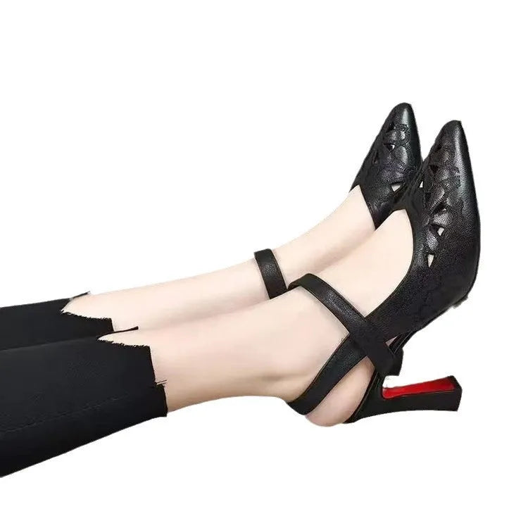 Women's pointed toe high heel sandals with hollowed design in red, black and creamy-white colours
