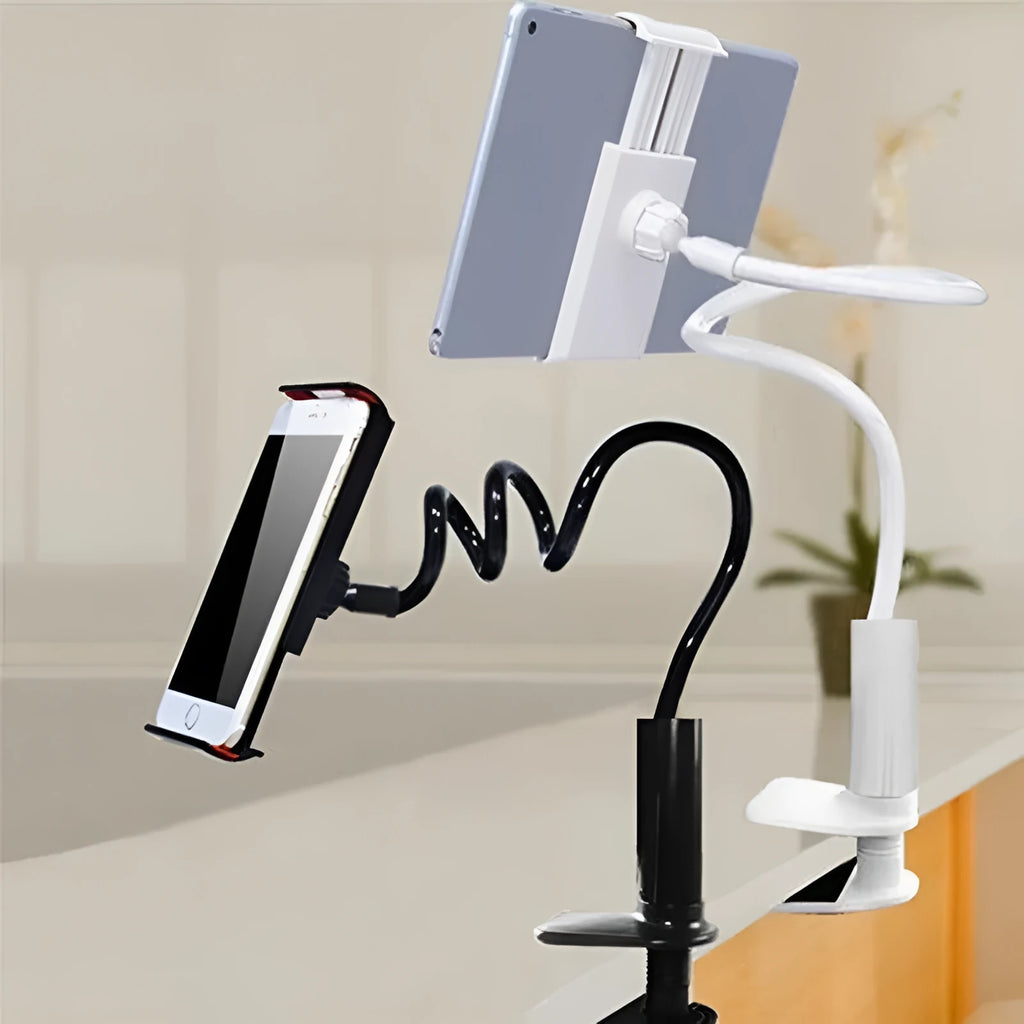 Black flexible magnalium mount holder with suction base holding a mobile phone at an angle.