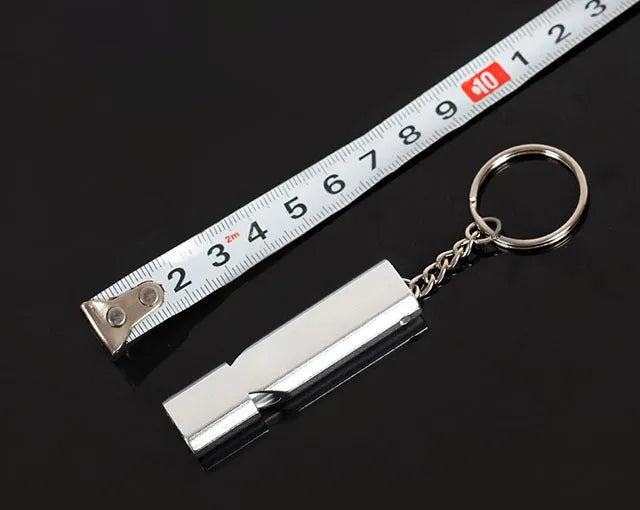Silver aluminium alloy double-hole survival whistle with cylindrical design and lanyard loop