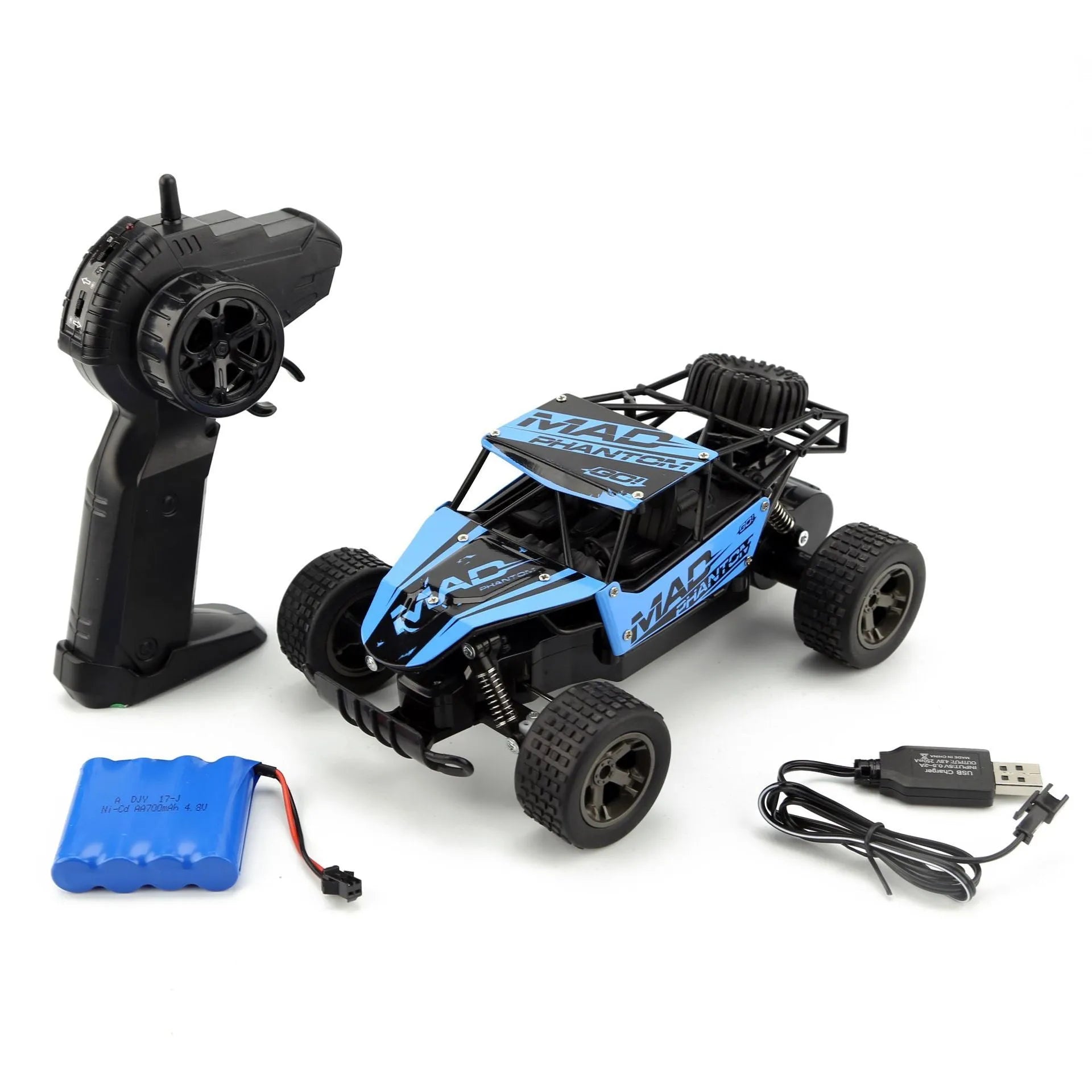 Blue 1:18 scale remote control off-road drift car with 2.4GHz remote on a grey surface.