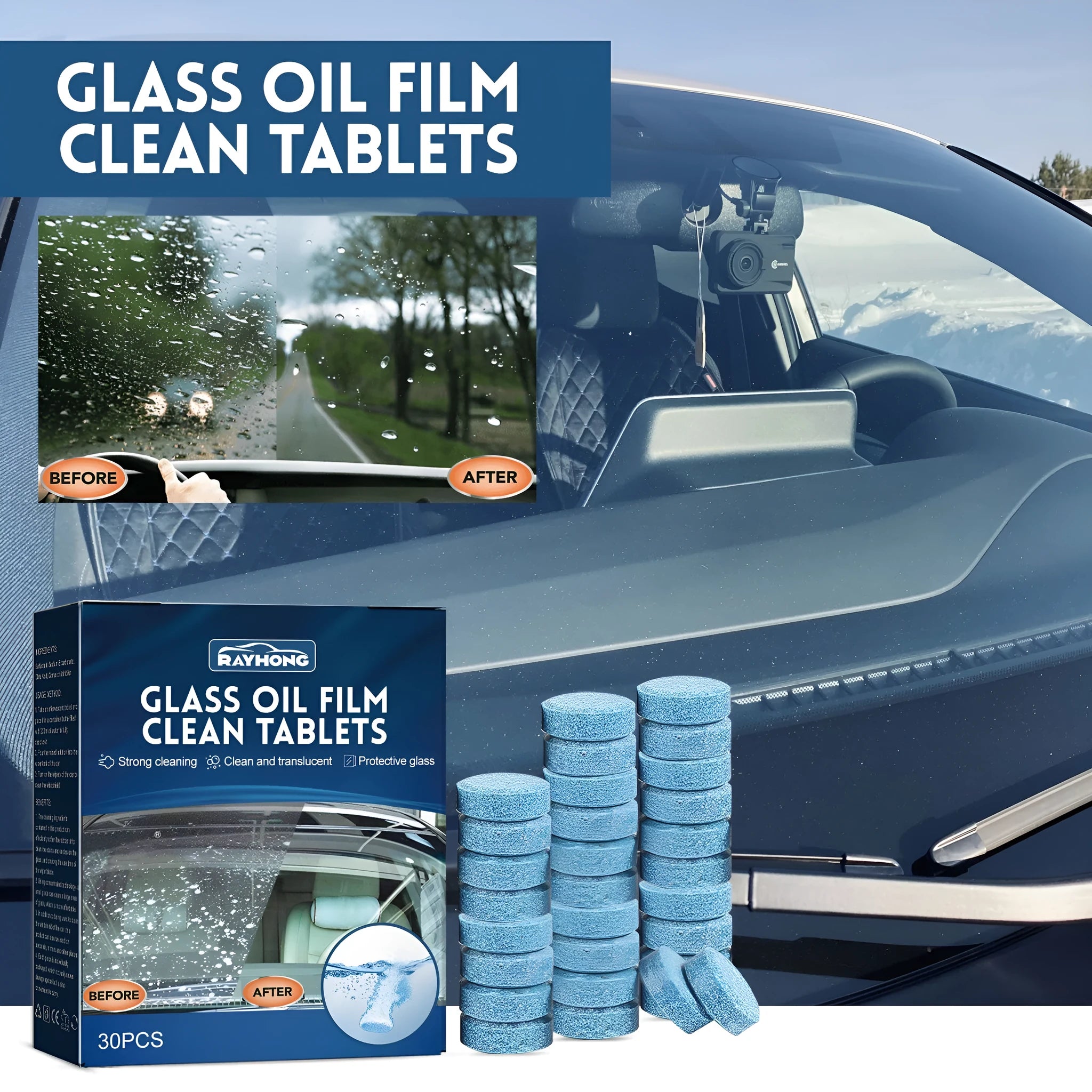 Box of 30 car oil-removing film cleaning effervescent tablets for automotive glass surfaces