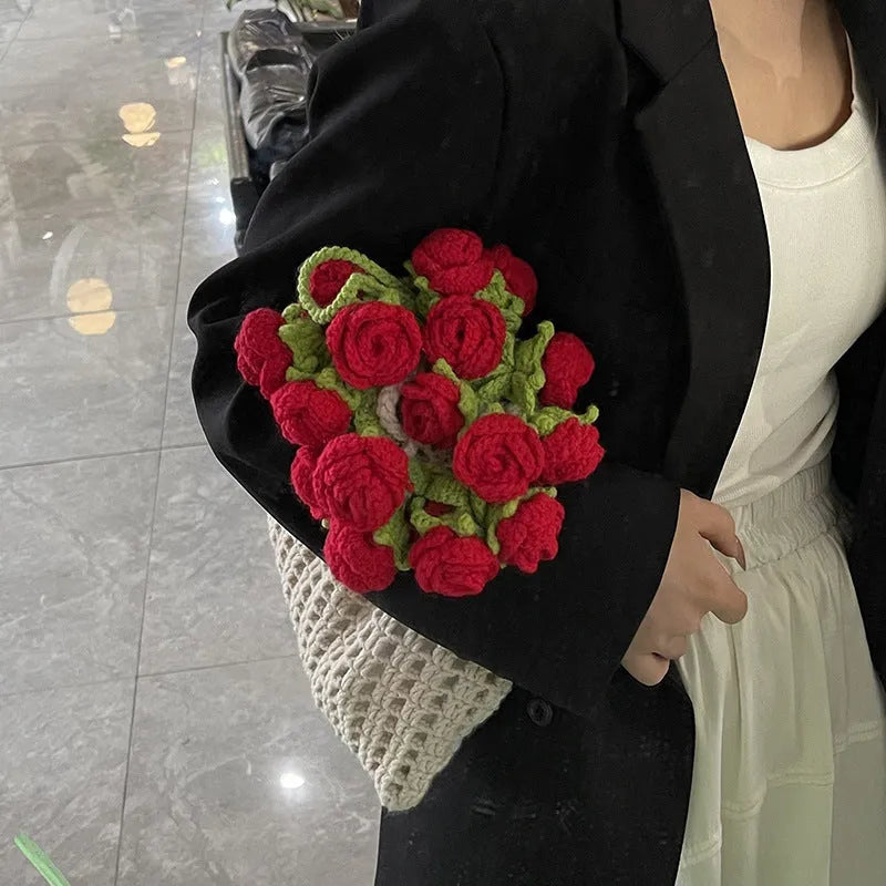 Artistic girls' one-shoulder bag with woven rose bouquet design in pink and red, soft material, double straps