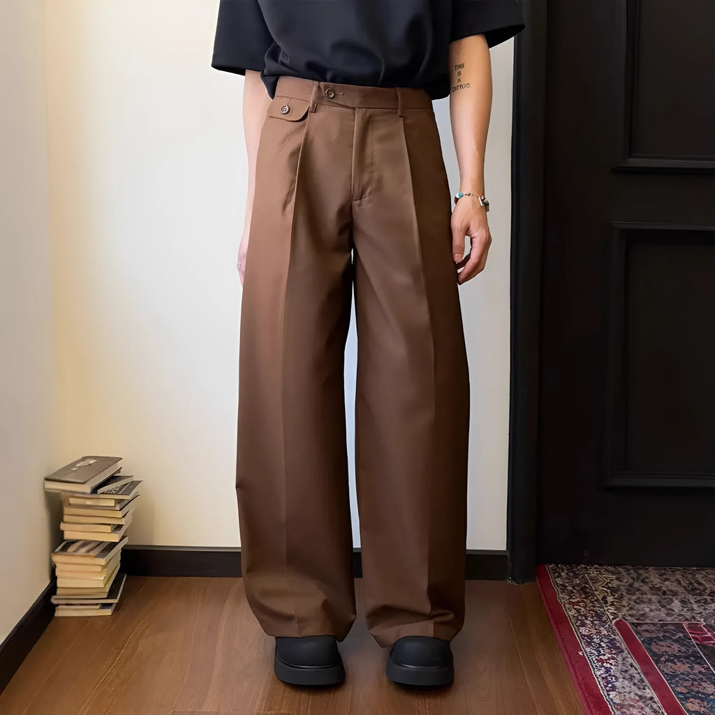 Men's brown straight-leg wide trousers with casual draping design