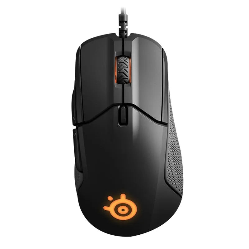 Black wired gaming mouse with 6 buttons, ergonomic shape, USB cable, 12000 DPI sensor