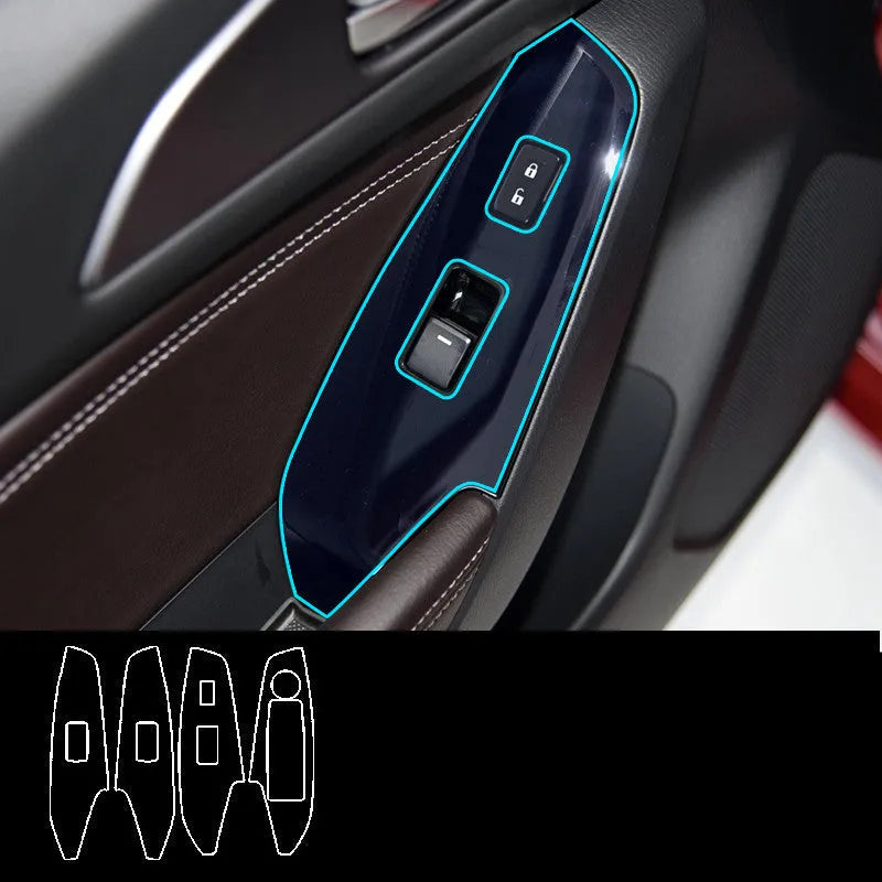 Set of four TPU protective films for 14-19 car door control panels in various finishes.