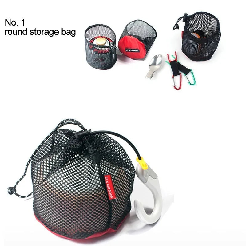 Set of five red outdoor storage bags with mesh panels and zipper closures made from 200D Oxford cloth