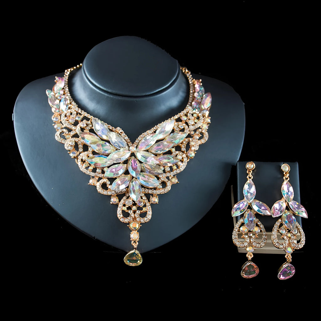 Exaggerated bride necklace and earrings set in alloy with diamond-cut finish, available in multiple colours