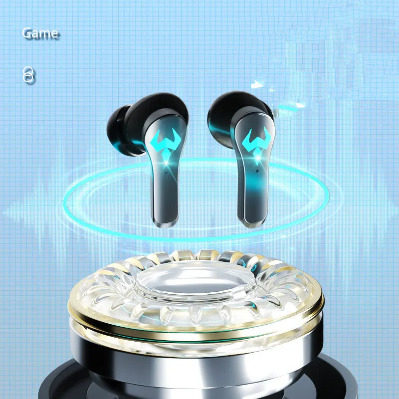 Black in-ear Bluetooth sports headset with microphone for gaming and calls.