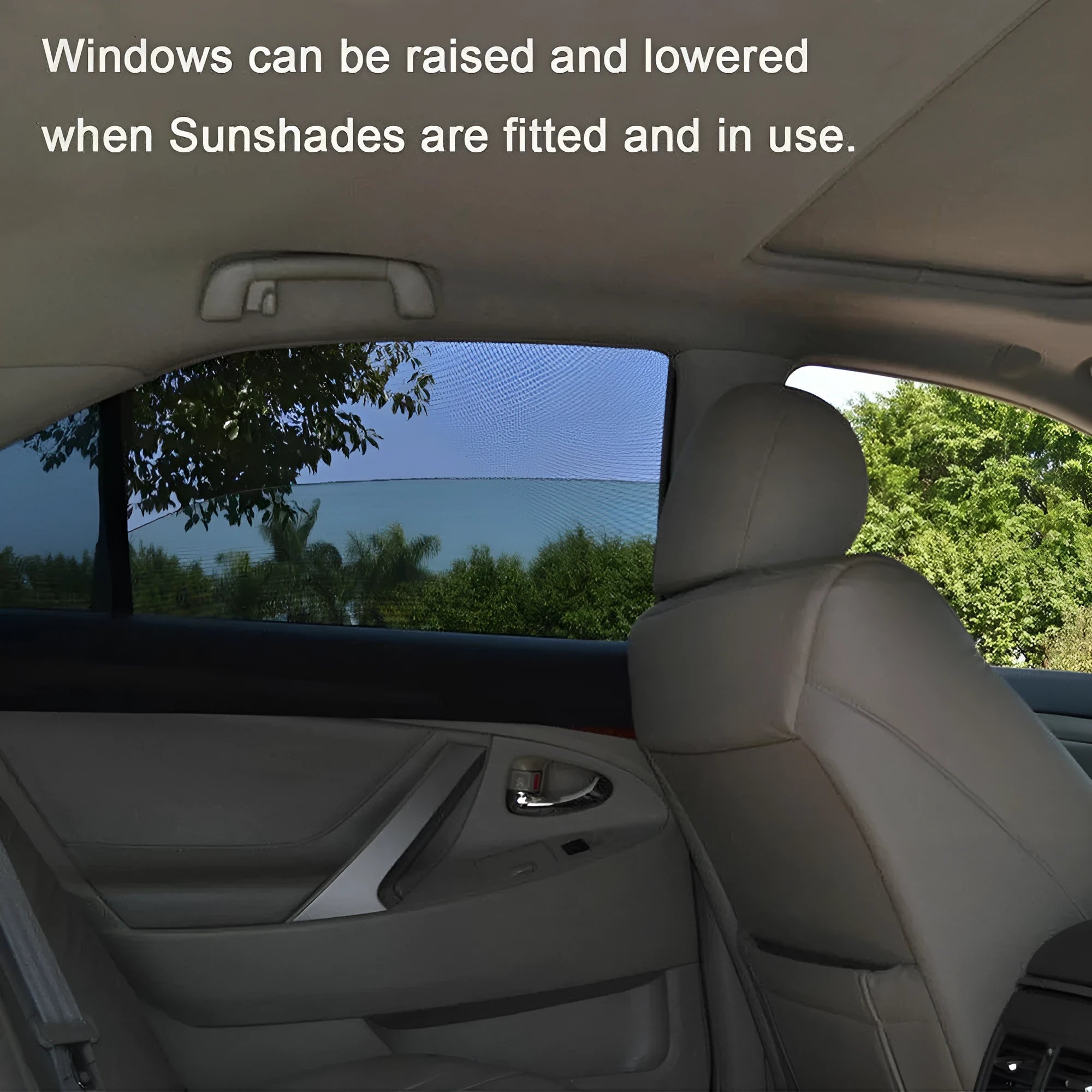 Set of 4 black mesh car window sunshade covers 50x40cm on car window showing breathable fabric UV protection