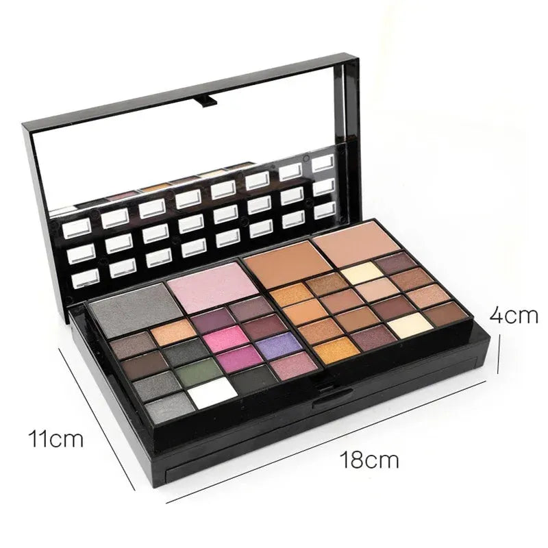 74 colour makeup palette set open to show eyeshadows, lip glosses and brushes in a plastic case with mirror