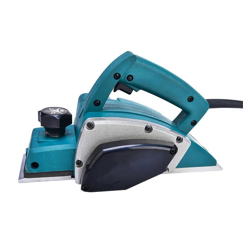 Red aluminium-shell electric wood planer with 82mm planing width and 1400W motor for carpentry tasks.