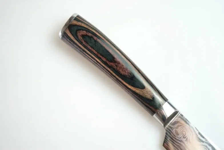 Carpenter's Special kitchen knife with laser Damascus pattern blade and coloured wood handle