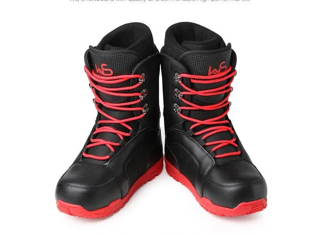 Men's black ski boots with tie closure, rubber outsole, EVA midsole, and shock-absorbing insole, sizes 35 to 45.