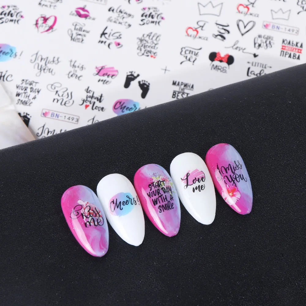 Love lip print letter nail sticker sheet measuring 16x25.5cm with black and red kiss designs