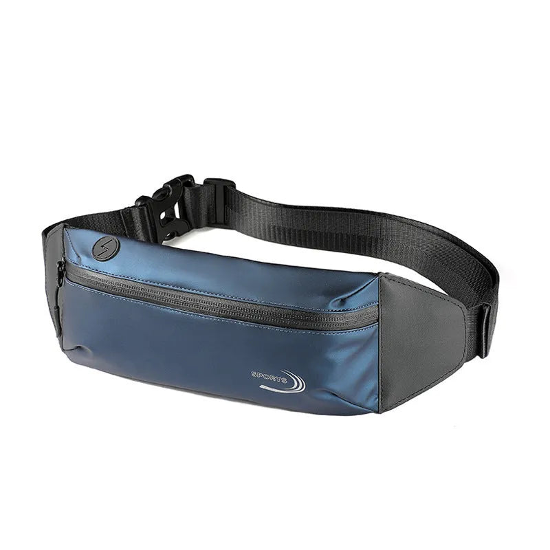 Men's black waterproof polyester waist bag with zip, shown at 45cm wide.