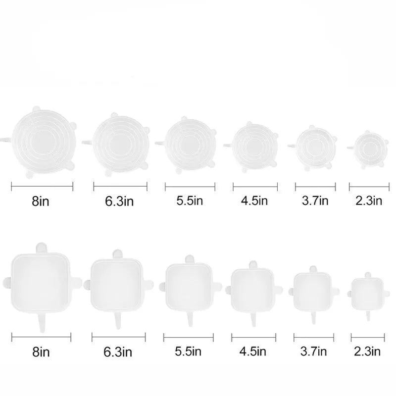 Six round stretch silicone covers in assorted colours, sizes 2.6 to 8.3 inches