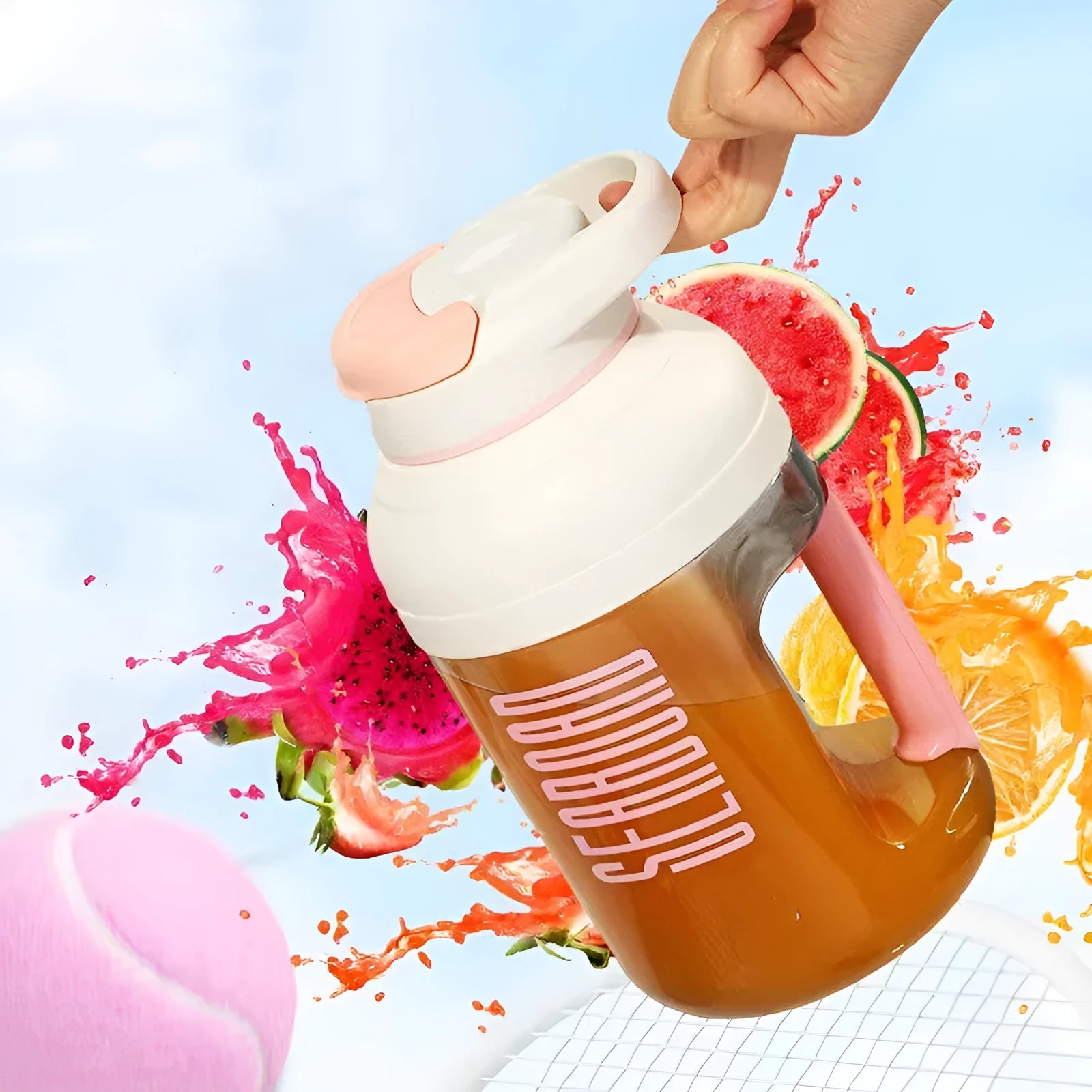 1500ml portable blender juicer in pink with USB charging cable and plastic body