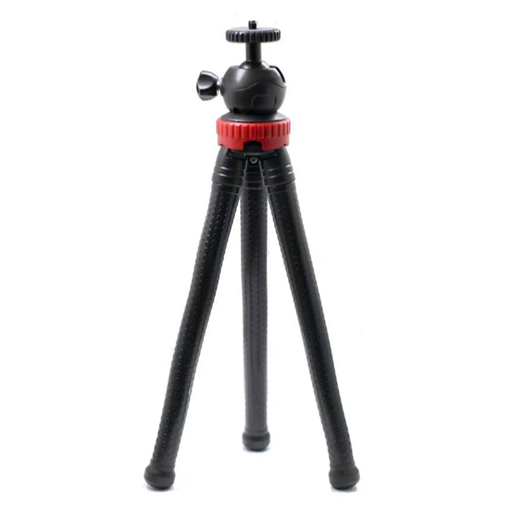 Black octopus tripod with flexible rubber legs wrapped around a pole, holding a mobile phone.