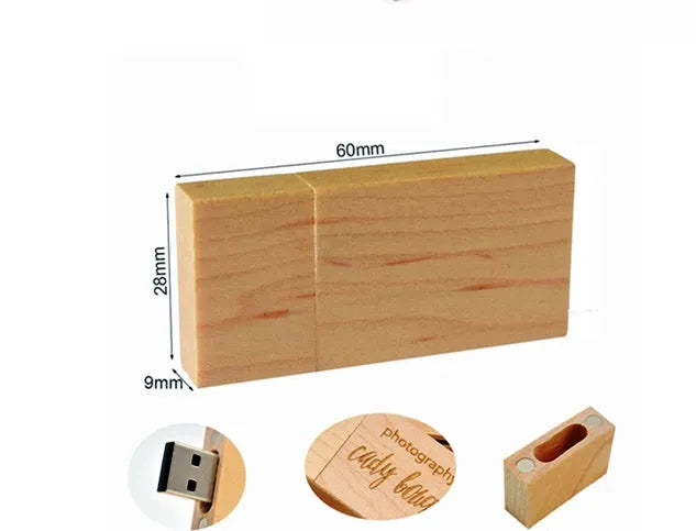 Wooden USB flash drive 32GB in Coffee or Khaki with large square wooden box, USB 3.0 package option shown