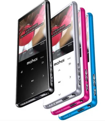 Silver portable MP3 MP4 player with a 2.4-inch touchscreen displayed on a dark background.