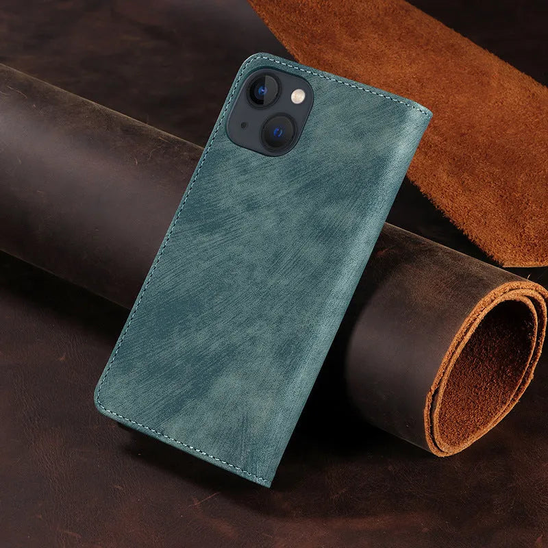 Black magnetic leather flip phone case for iPhone shown closed and open, displaying interior TPU shell and precise port cutouts.
