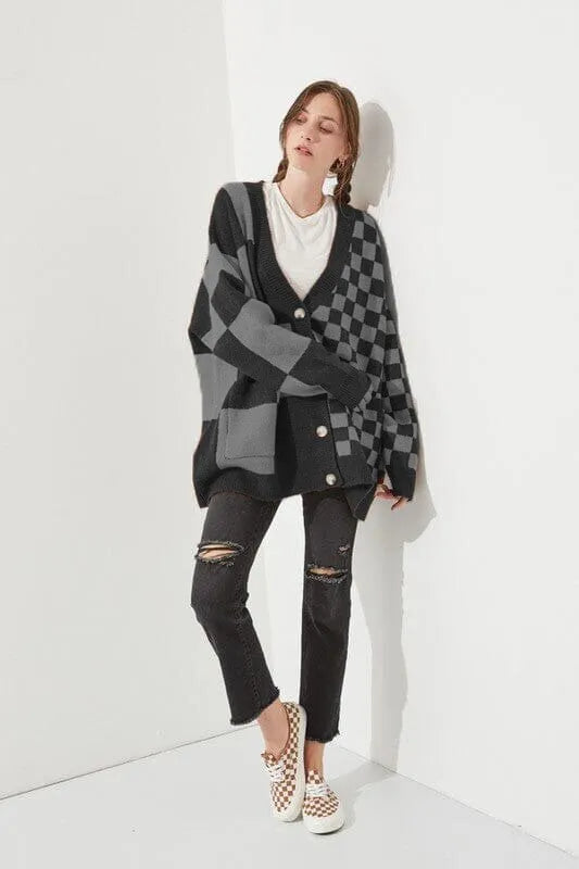 Gray printed checks cardigan with loose slim fit and regular sleeves on hanger