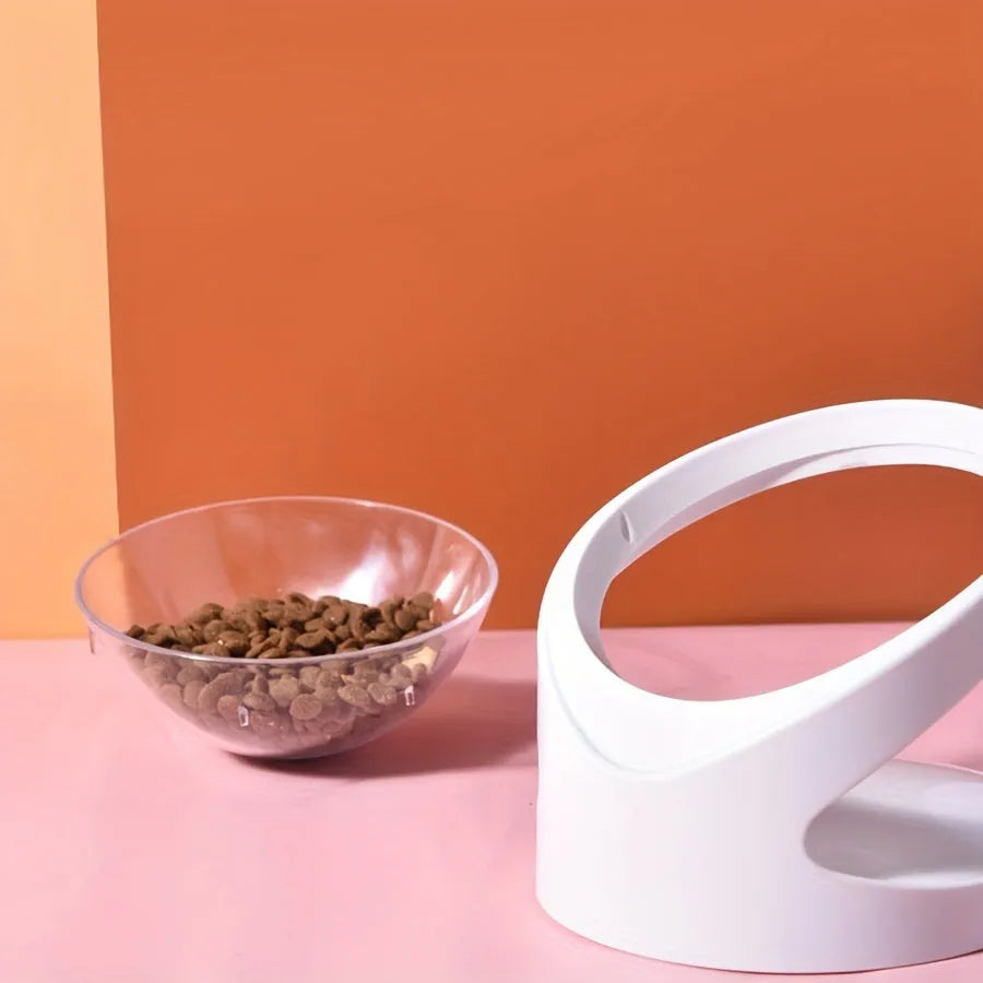 White plastic elevated cat food bowl with tilted design for neck protection