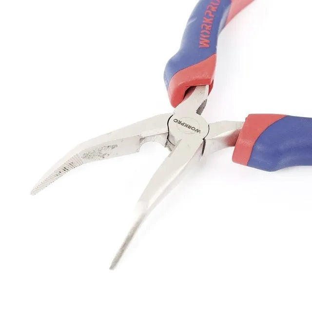 Blue double-colour handle curved nose pliers with 150mm length and 20mm jaw section