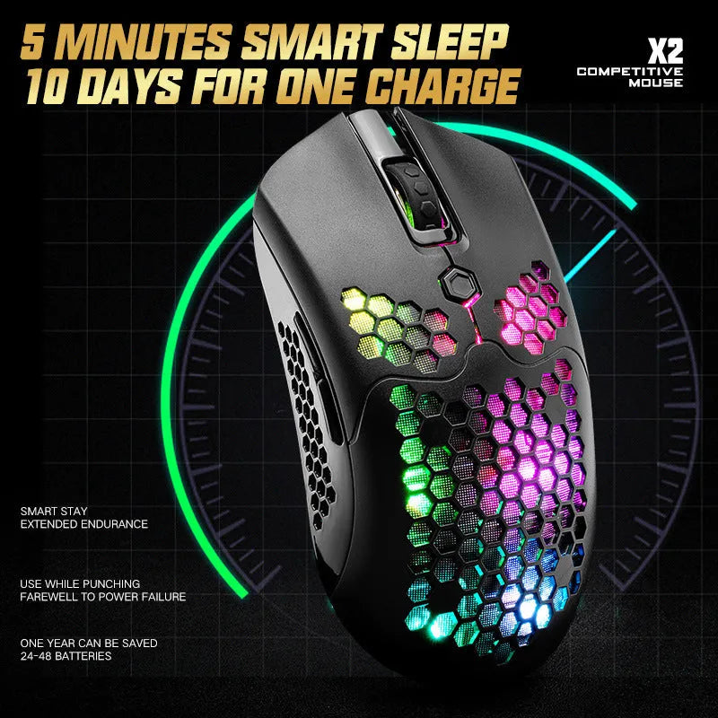 Free Wolf X2 wireless RGB gaming mouse in black on a mouse pad, showing side buttons and USB-C port.