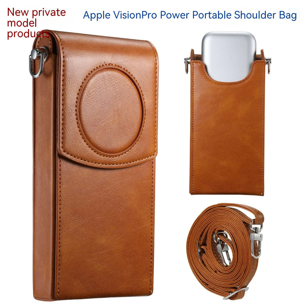 Brown leather storage bag for Apple Vision Pro power supply, portable satchel protective sleeve