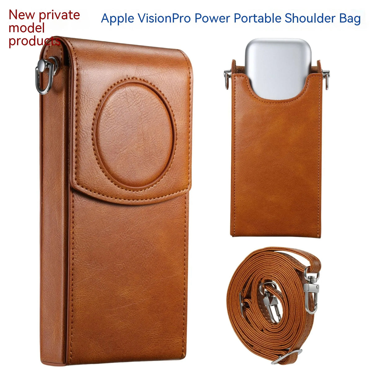 Brown leather storage bag for Apple Vision Pro power supply, portable satchel protective sleeve