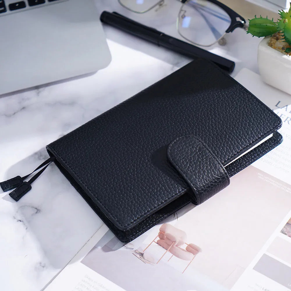 A6 leather notebook with lychee pattern cowhide cover in loose-leaf diary format