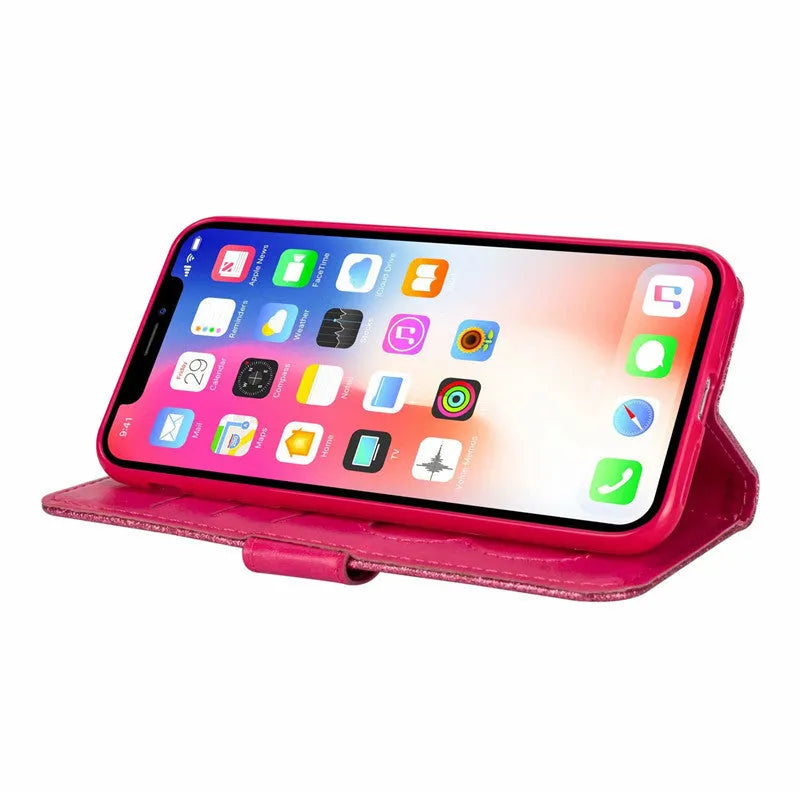 PU leather zipper wallet phone case for iPhone shown in multiple colour options.