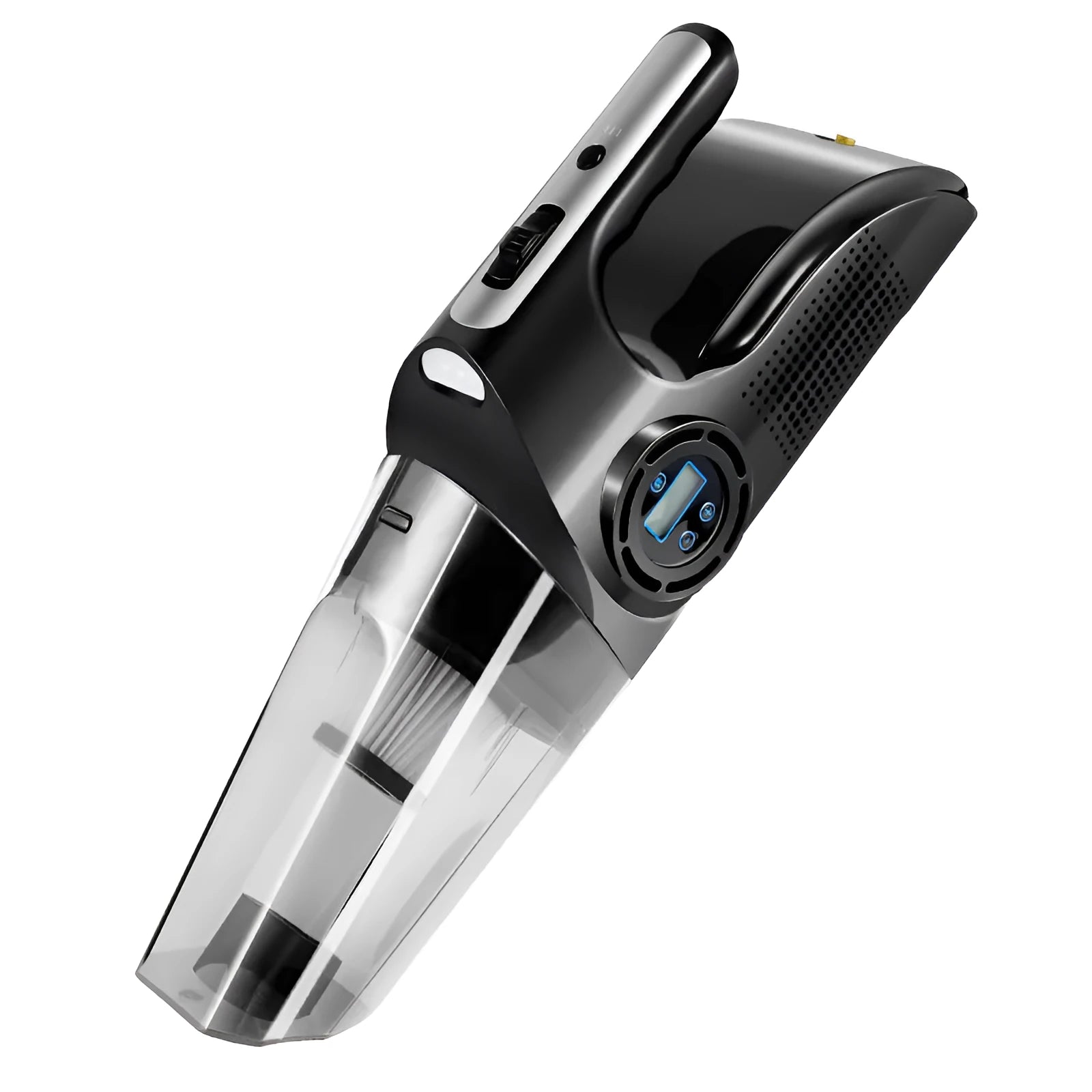 Cordless rechargeable wet dry vacuum cleaner with attachments on a hard floor