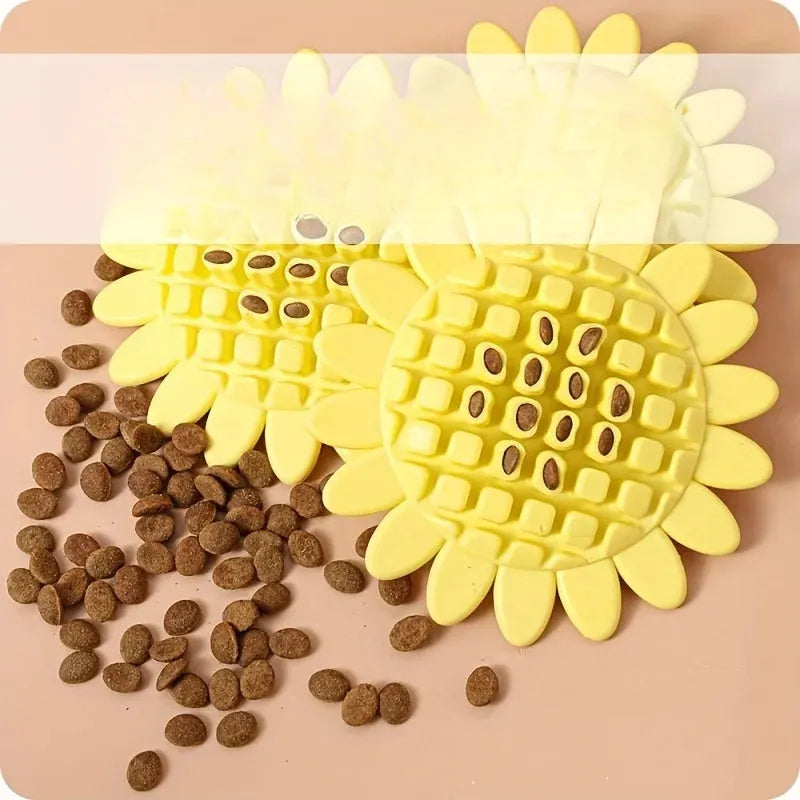 Yellow rubber sunflower-shaped dog chew toy for puppy teething and play