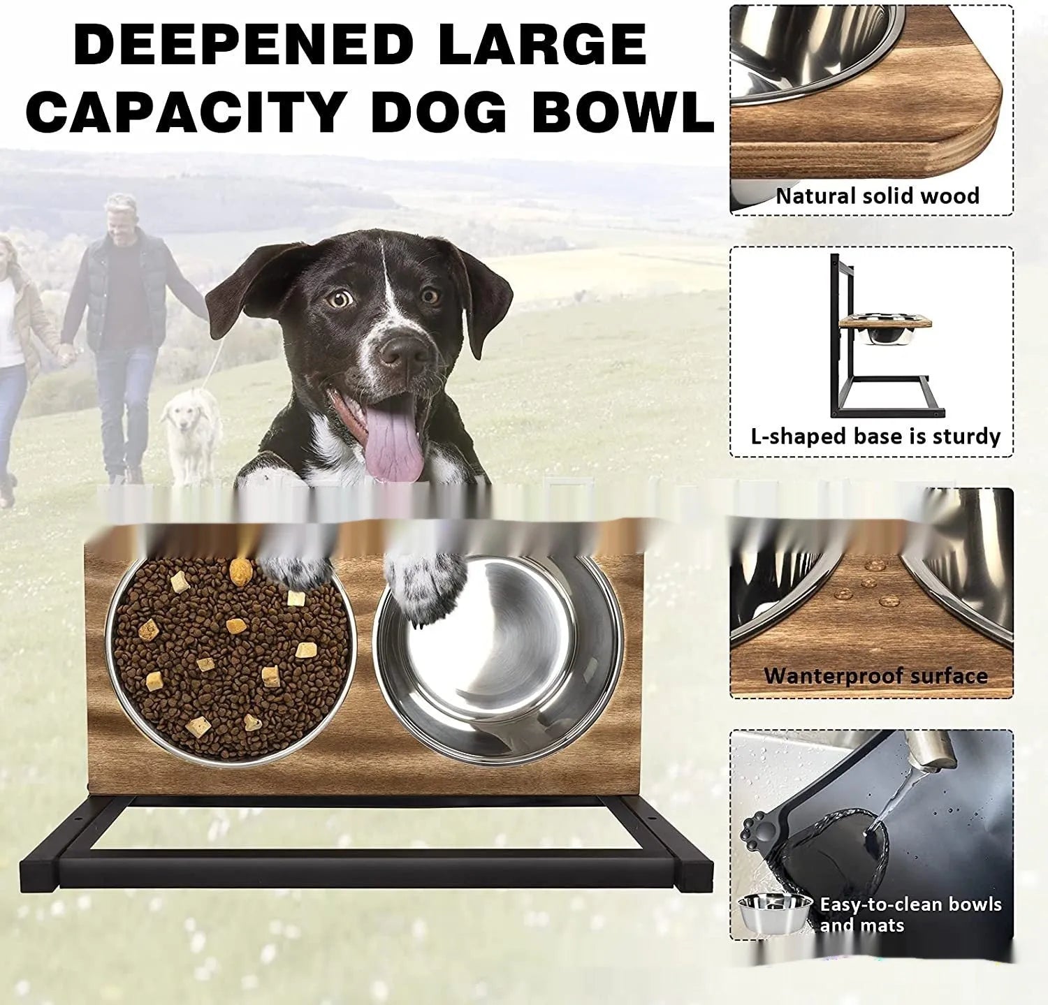 Black iron elevated dog bowl rack holding two separate pet food and water bowls