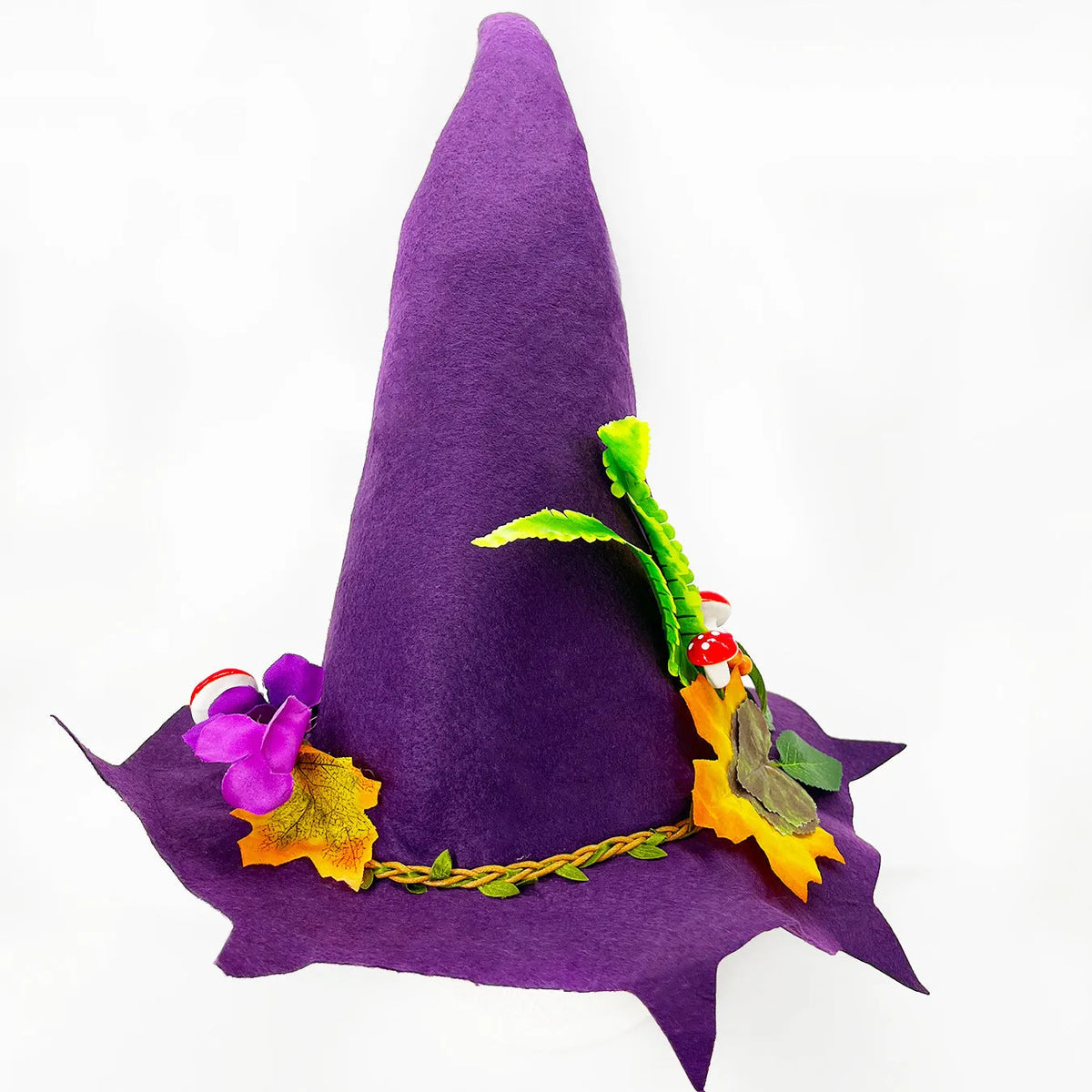 Felt Halloween witch hat with conical crown, fungus-shaped brim and monochrome printed pattern for adults