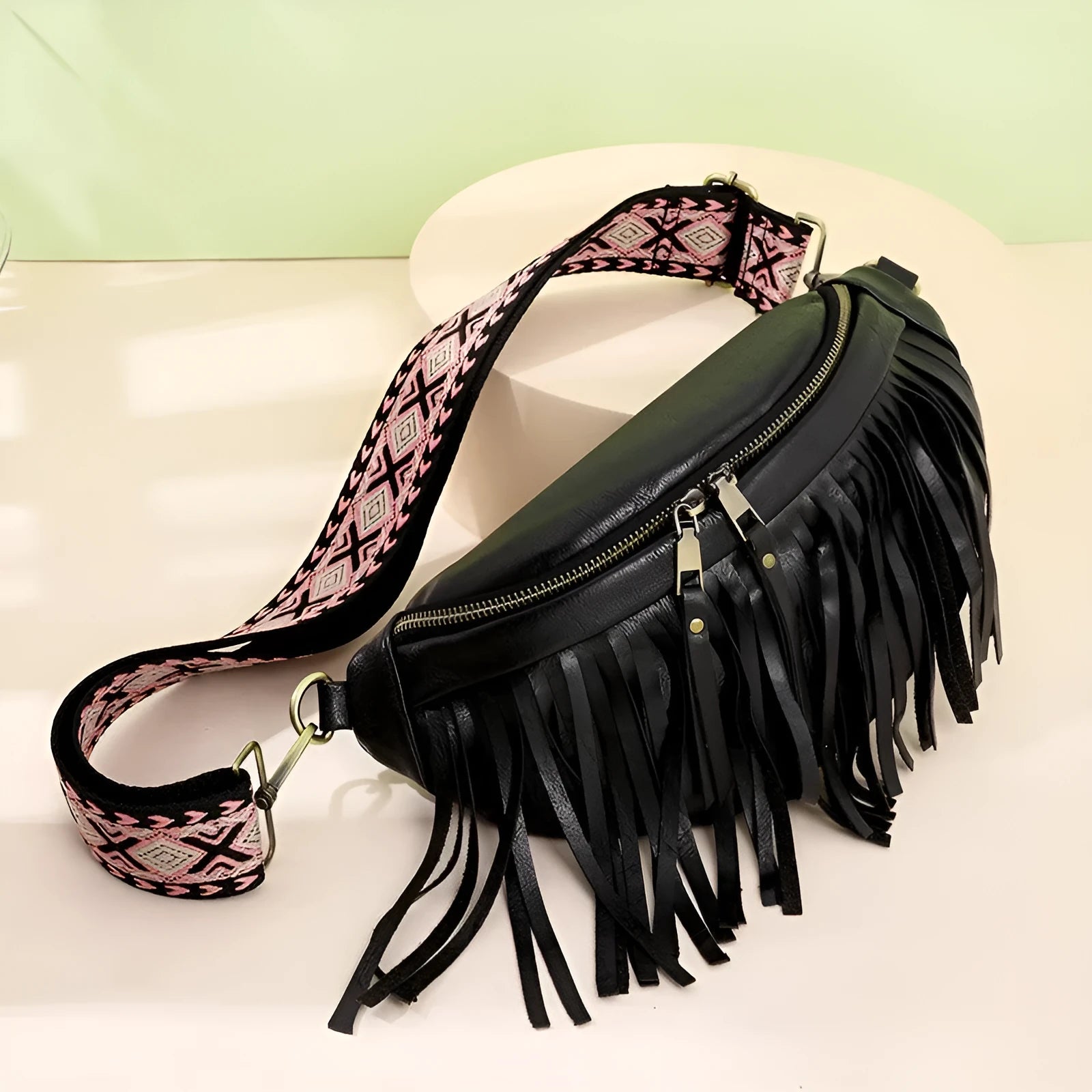 Retro messenger chest bag with tassel details and pleated design in soft PU material